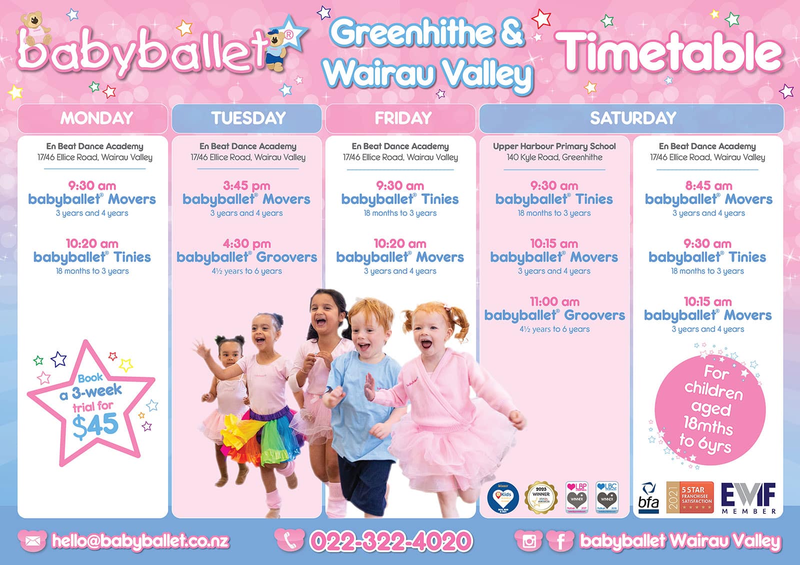 Timetable babyballet Greenhithe and Wairau Valley